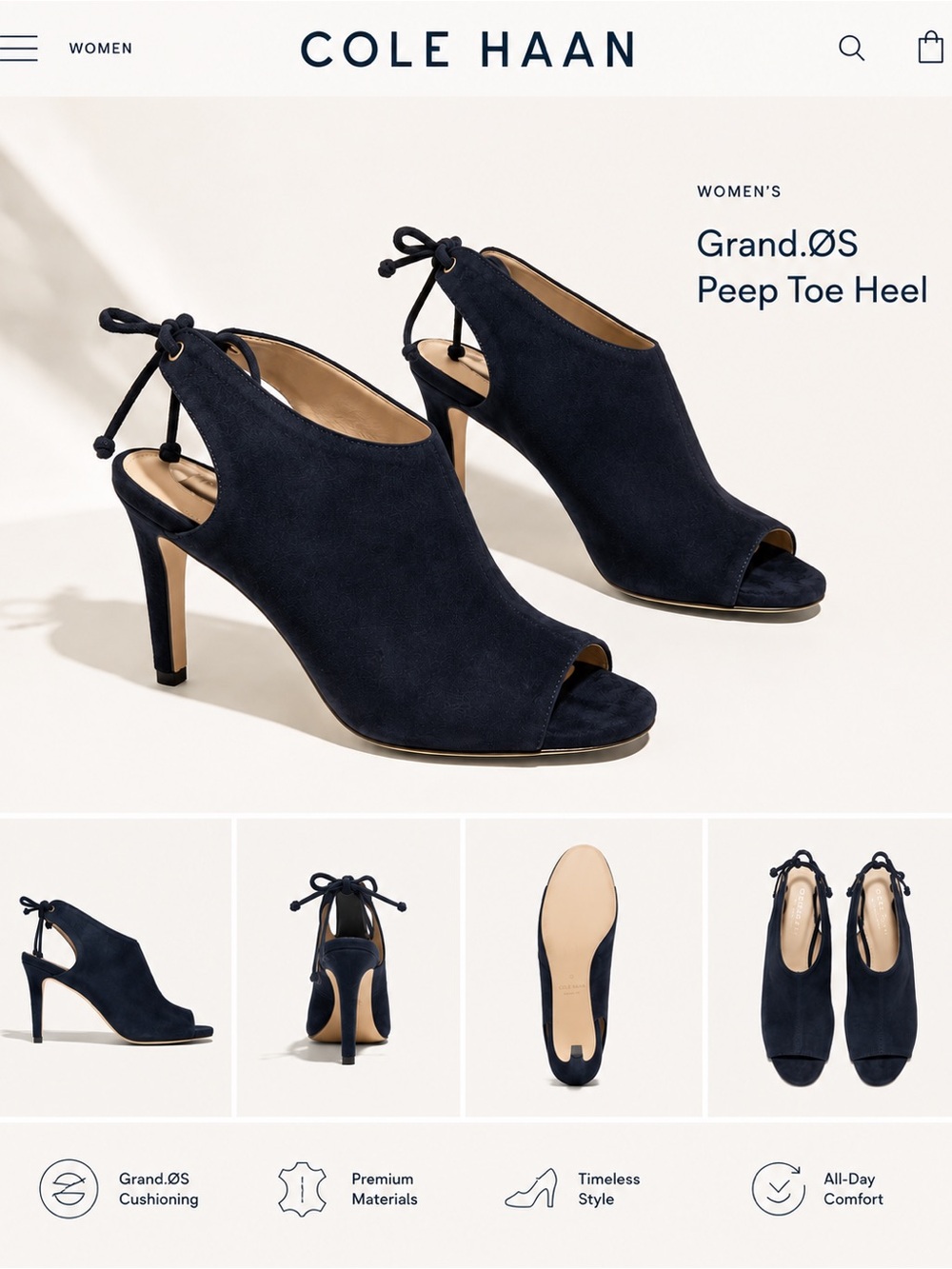 Cole Haan Navy Suede Peep Toe Slingback Heels Grand.ØS Size 8B Elegant Pumps